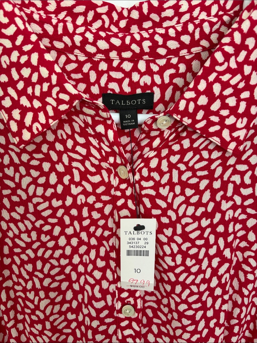 Talbots Red White Abstract Print Belted Button Front Midi Shirt Dress